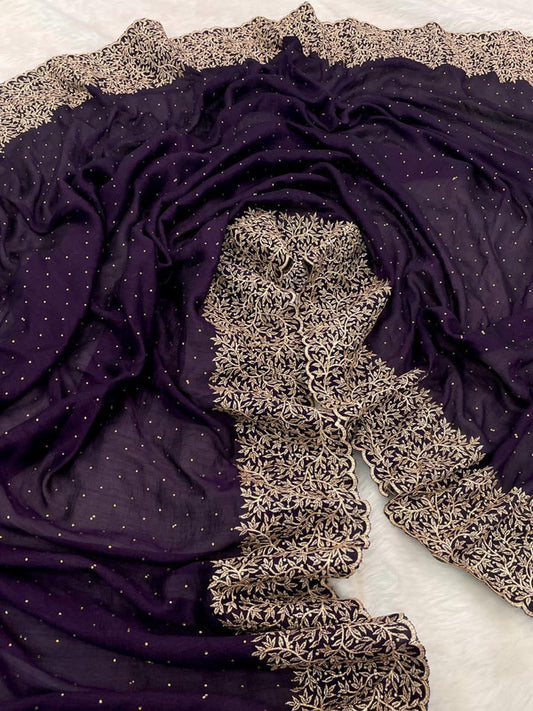 Purple Coloured Premium Vichitra Silk Embroidered Cutwork Border Women Designer Party wear Fancy Saree with Blouse!!