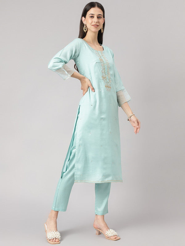 Sea Green Coloured Premium Silk Floral embroidered Gotta patti Straight Shape Round neck 3/4Sleeves Women Designer Party/Daily wear Kurti with Bottom & Organza Dupatta!!