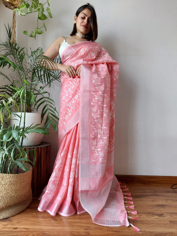 Light Pink Colour Satin,Georgette Fabric Party Wear Saree.