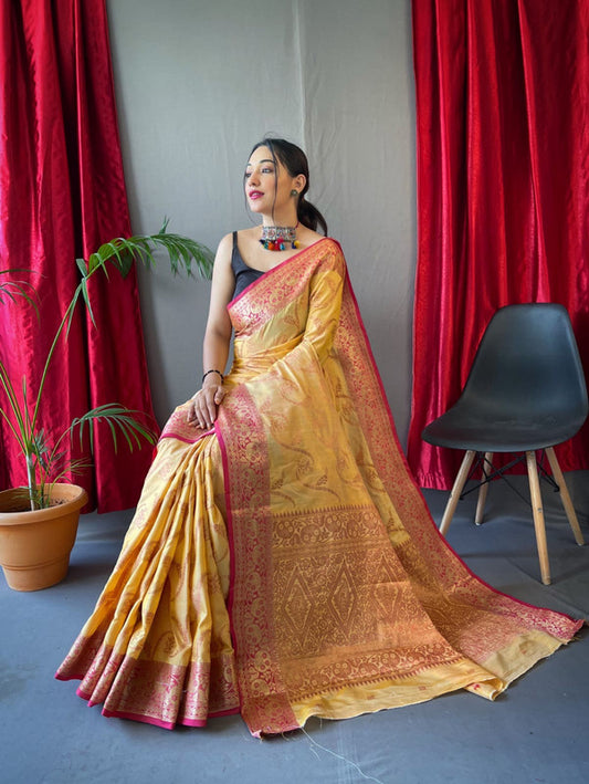 PURE COTTON LINEN SAREE WITH  COPPER AND ROSE  GOLD ZARI