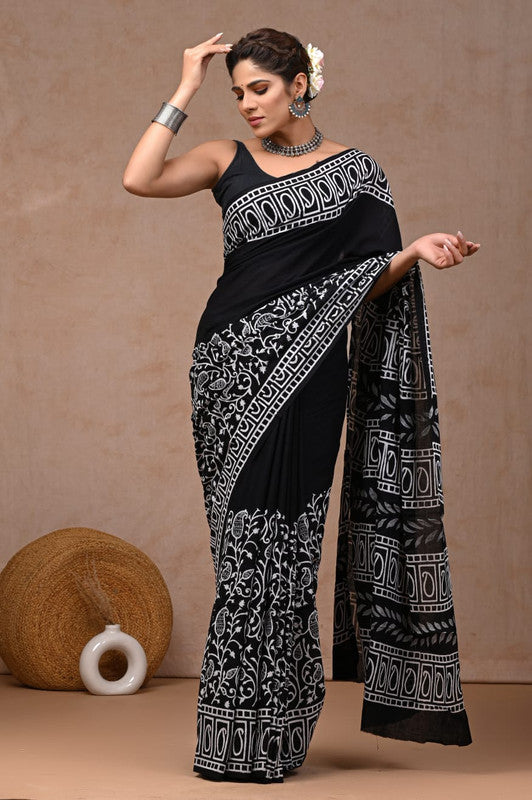 Black & White Coloured Hand Block Bagru, Dabu & Batik Dye Print Women Designer Party wear Pure Cotton Saree with Runnin Blouse!!