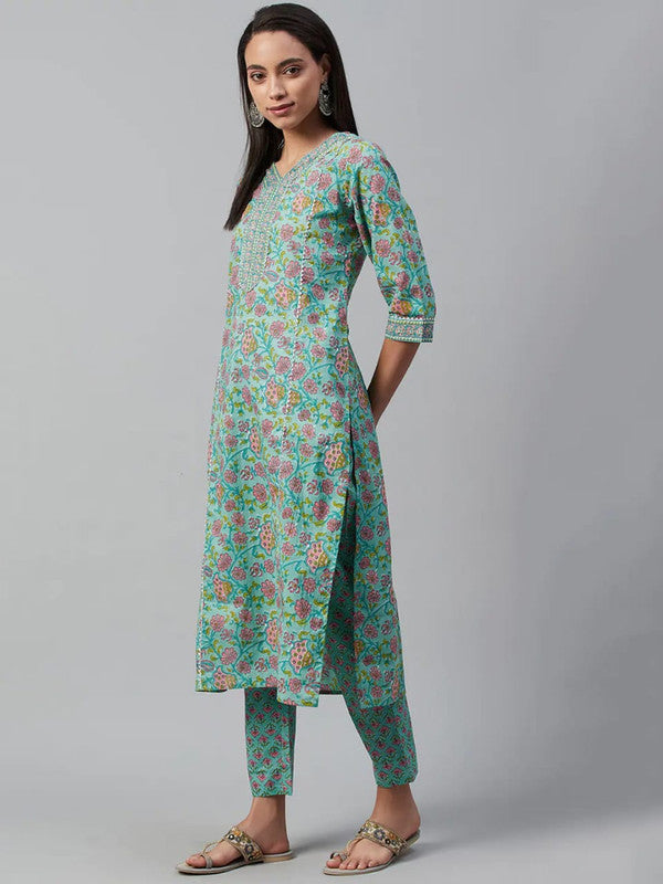 Green & Peach Coloured Pure Cotton with floral printed Women Designer Party wear Straight Line Kurti with palazzo pants & Dupatta!!