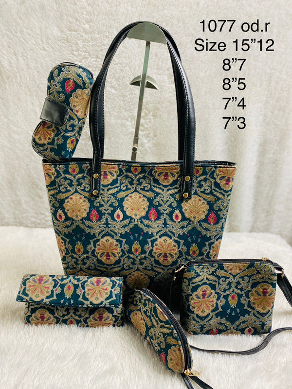 Beige & Multi Coloured Pure Cotton Printed Women Hand Bang- 5 PCS Combo( Tote Bag, Sling Bag, Envelop Purse, Key Pouch & Sunglass Cover)!!