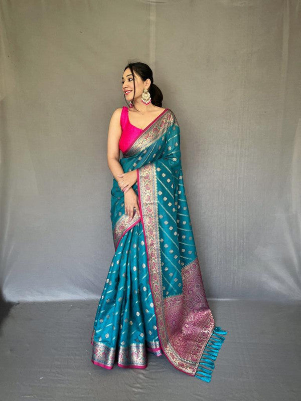 Rama Blue & Multi Coloured Gold Zari Weaving with Rich Pallu & Meenakari Border Women Party wear Pure Silk Saree with Blouse!!