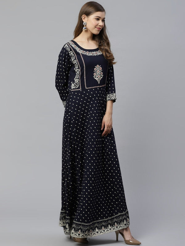 Women Navy Blue & Golden Printed A-Line Viscose Rayon Kurta!!