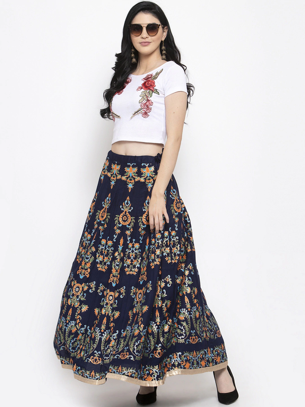 Multi Print Navy Blue coloured Rayon Skirt Free Size( 28 to 40 Inch)!!
