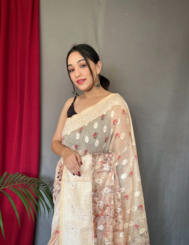 Beige Coloured Pure Cotton Linen Saree with Orignal Chikankari Lucknowi work with rich Embrodieeded pallu  with Blouse!!