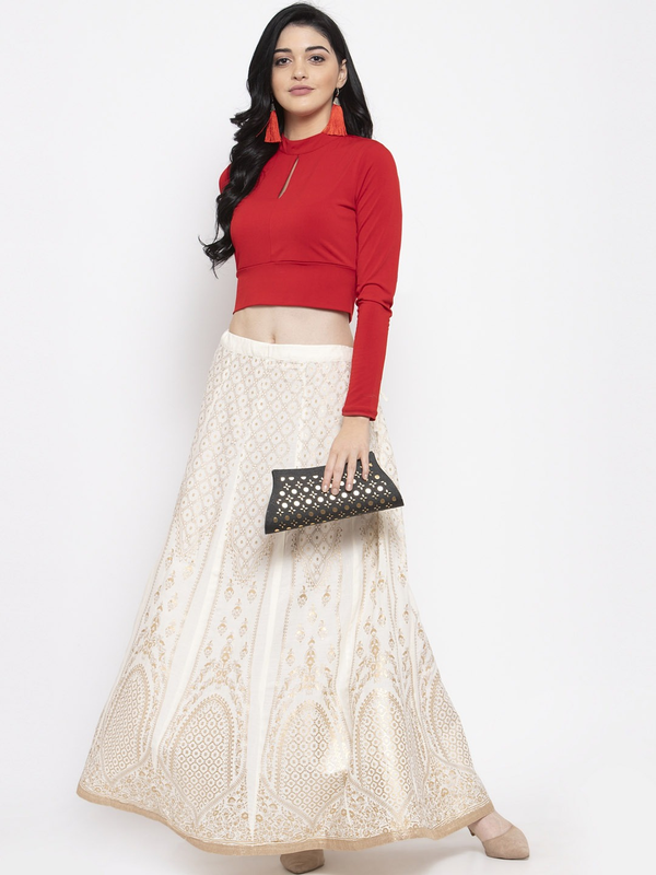 Gold Print White coloured Rayon Skirt Free Size( 28 to 40 Inch)!!