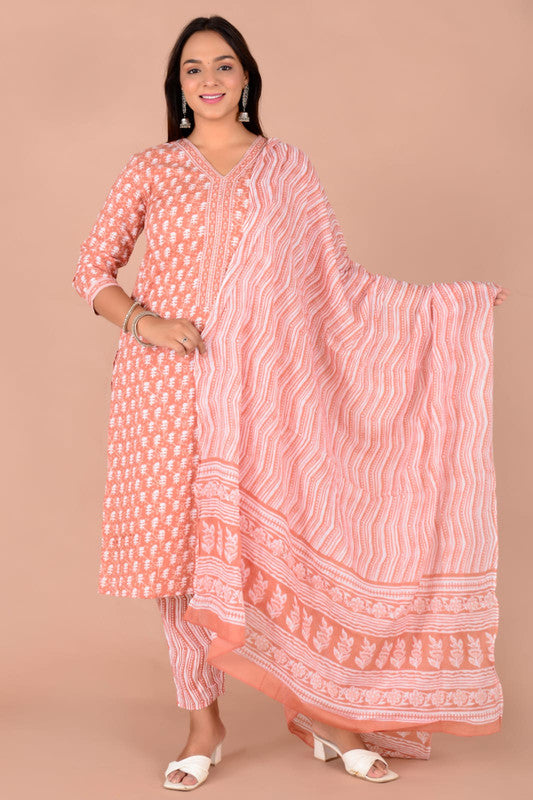 Orange & White Coloured Pure Cotton Printed Hand Work Women Fully Stitched Designer Party wear Suit with Pant & Dupatta!!