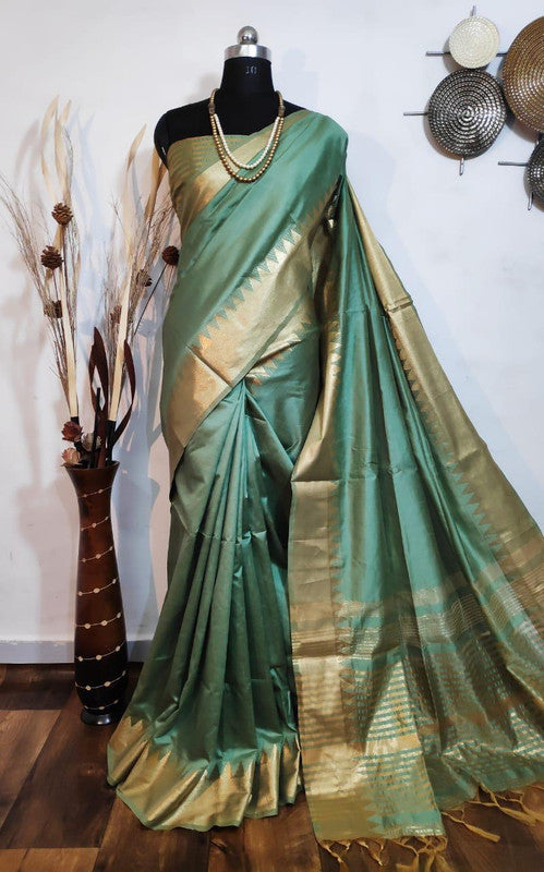 Green & Gold Coloured Aasam Silk Weaving saree with Zari woven Temple Border Women Designer Party wear Silk Saree with Blouse!!