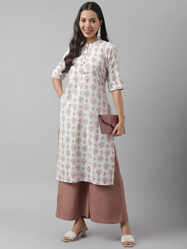 White & Pink Coloured Floral Printed Mandarin collar Roll-up Sleeves Women Designer Party/Daily wear Cotton Straight Shape Kurti!!