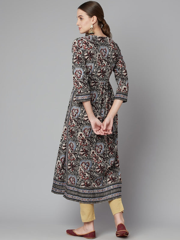 Grey & Multi Coloured Floral Printed Round neck Three-quarter Sleeves Women Designer Party/Daily wear Cotton Straight shape Kurti!!