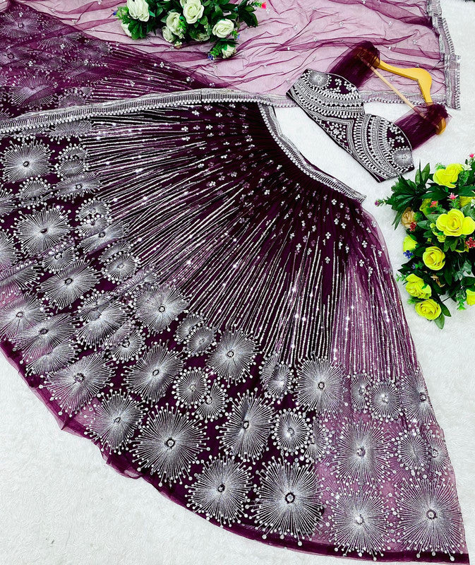WINE PURPLE LEHENGA SET WITH SILVER AND PEARL PATTERNED EMBROIDERY PAIRED  WITH A CONTRAST ICE SILVER DUPATTA AND SILVER - Seasons India