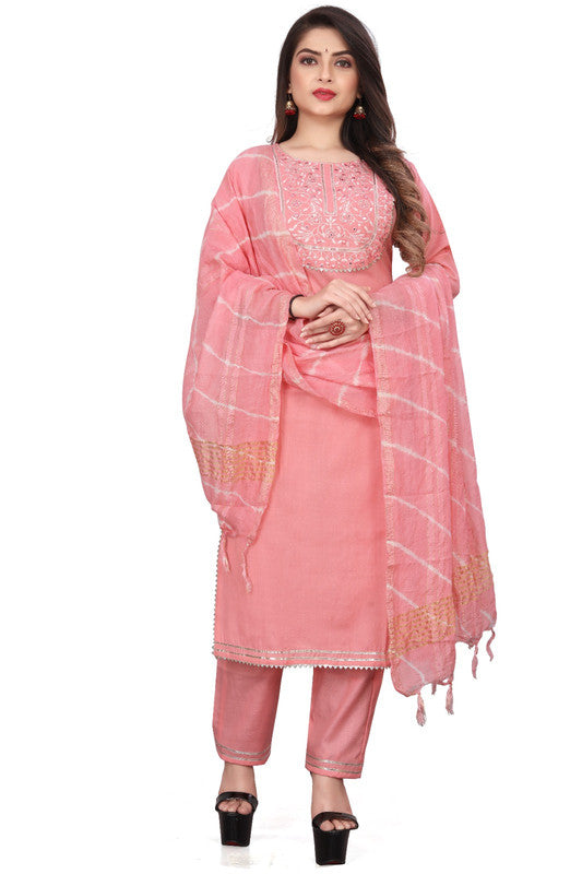 Pink Coloured Pure Cotton with Embroidery work Round Neck 3/4 Sleeves Women Fully Stitched Designer Party/Daily wear Kurti with Pant & Chanderi Dupatta!!