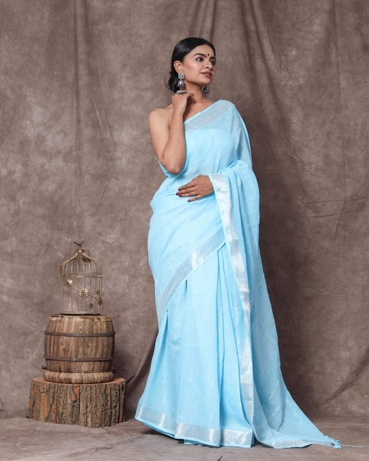 Sky Blue Coloured Linen Cotton with Beautiful Jari Border Women Party/Daily wear Designer Linen Cotton Saree with Blouse!!