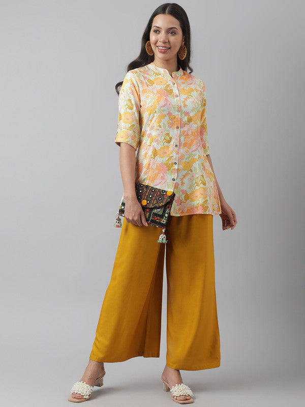 Off-white & Yellow Coloured Premium Rayon Floral printed Mandarin Collar Roll-Up Sleeves Women Party/Daily wear Western A-line Shirt Style Top!!