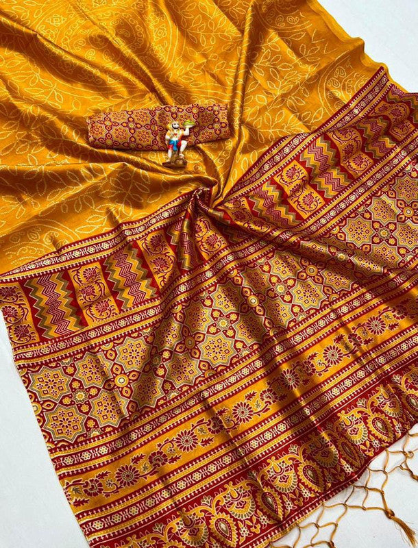 Yellow coloured Bhandani Silk Contrast AJARAKH  Pallu Saree with Blouse & Tussel!!