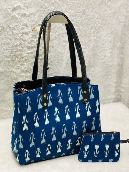 Blue & White Coloured Pure Cotton Hand Block Printed Triple Partition Women Hand Bang with Pouch!!
