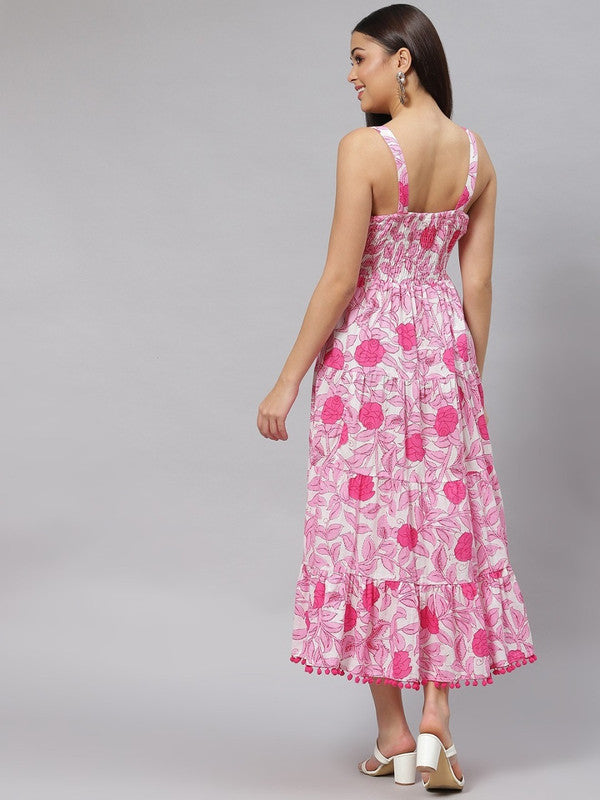 White and pink Pure Cotton Floral Print Midi Dress!!