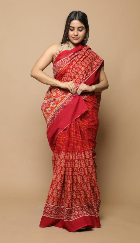 HAND PRINTED MUL COTTON SAREE