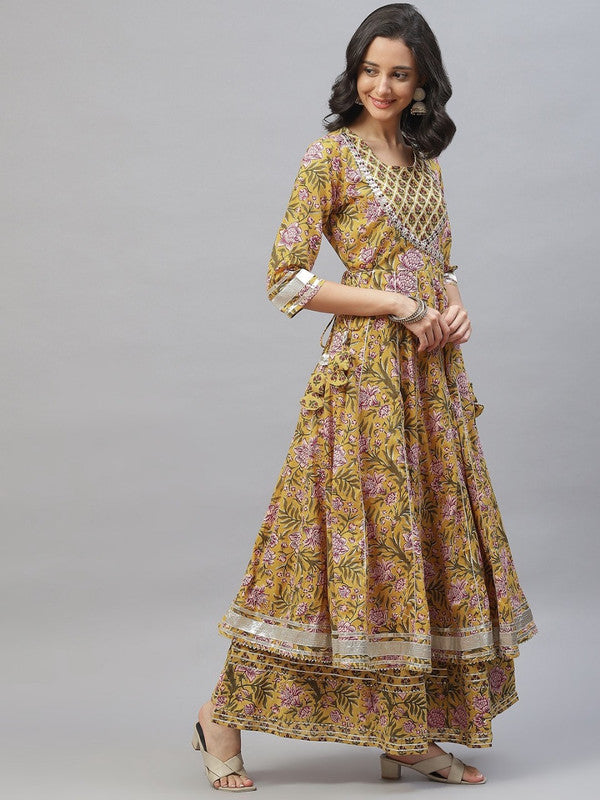 Mustard Yellow Coloured Pure Cotton Floral Printed Gotta Patti Work Women Designer Party wear Anarkali Kurta with Pallazo & Dupatta!!