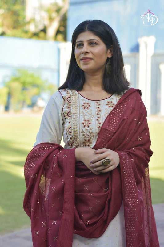 White & Red Coloured Pure Cotton Embroidery with Sequence work Women Designer Party wear Round Flared Kurti with Pant & Dupatta!!