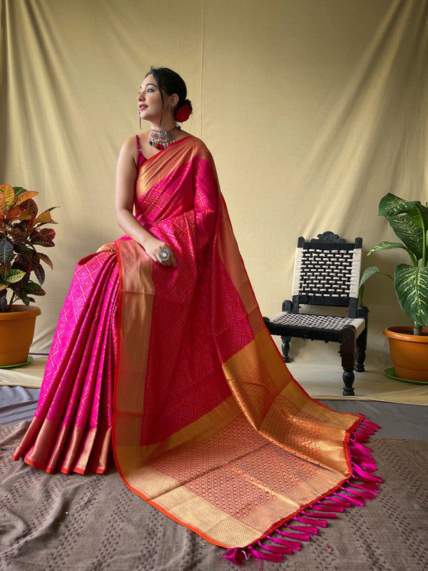 Baby pink color banarasi silk saree with golden zari weaving work