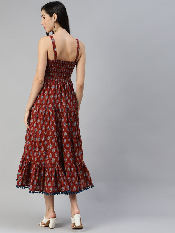 Maroon & Navy Blue Coloured Pure Cotton Ethnic Motifs A-Line Sleeveless Women Party/Daily wear Western Midi Dress!!