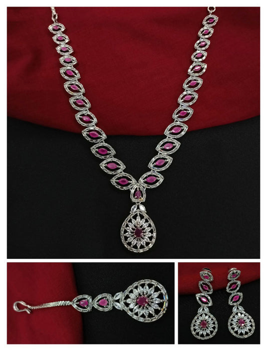 Dark Pink Coloured Beautiful American Diamonds Women Designer Silver Plating Beautiful Long Jewelry Necklace set with Earrings & Matha Patti!!