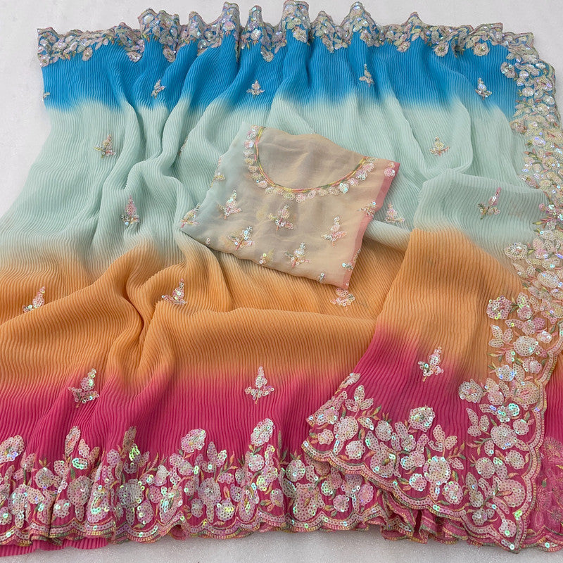 Sky Blue & Multi Coloured Faux Georgette with Crush Sequence Women Designer Party wear Fancy Saree with Blouse!!
