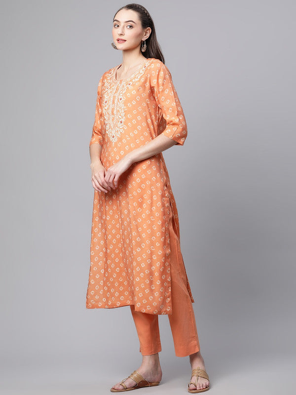 Orange Coloured Chanderi Silk Bandhani printed Round Neck 3/4 Sleeves Women Designer Party wear Kurti with Trousers & With Dupatta!!