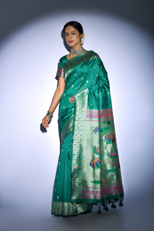 Green Tussar silk Pure Paithani Silk Saree with pure zari woven broad border!!