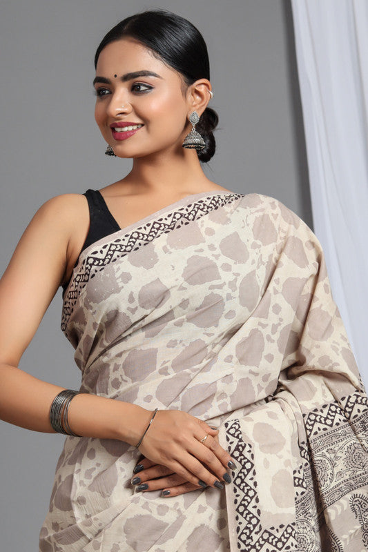 Pure Hand Block Printed Cotton Slub Linen Saree With Blouse