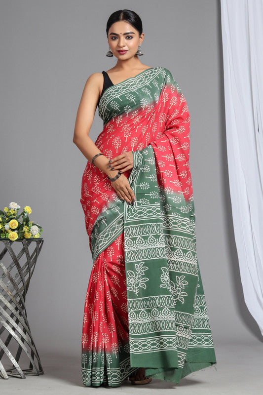 Pink & Light Green Coloured Pure Cotton Beautiful Hand Block printed Women Daily/Party wear Saree with Blouse!!