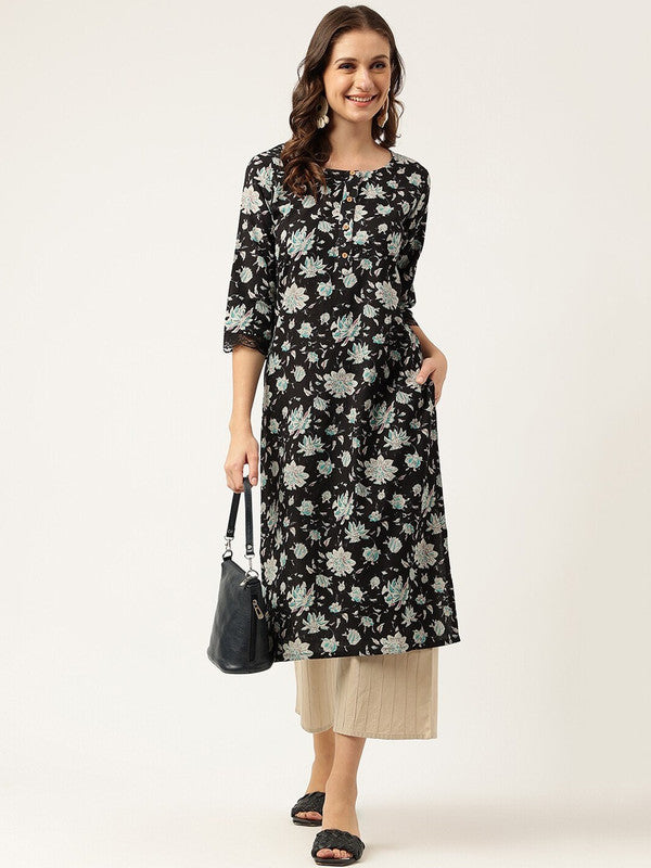 Black Coloured Floral Printed Mirror Work Boat neck 3/4 Sleeves A-line shape Women Designer Party wear Pure Cotton Kurti!!