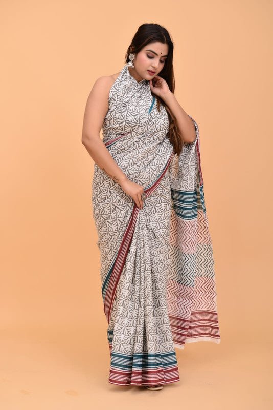 Grey with Green & Maroon Coloured Pure Cotton with Beautiful Hand Block Printed Women Party/Daily wear Designer Cotton Saree with Blouse!!