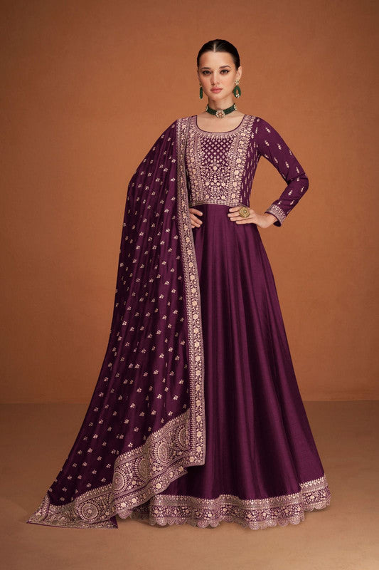 Wine Coloured Premium Silk with Heavy Embroidery Work Round Neck Full Sleeves Women Fully Stitched Designer Party wear Gown with Dupatta!!