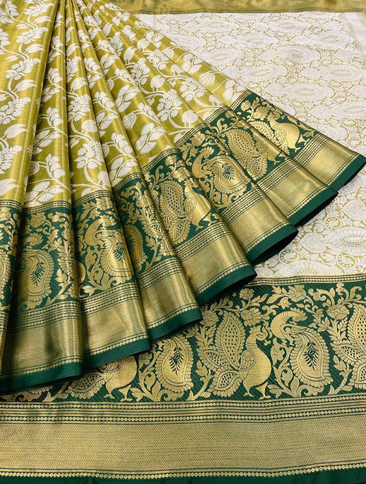 Parrot Green & Green Coloured Banarasi Handloom Pattu Heavy Multi Zari Women Party wear Designer Tissue Silk Saree with Blouse!!