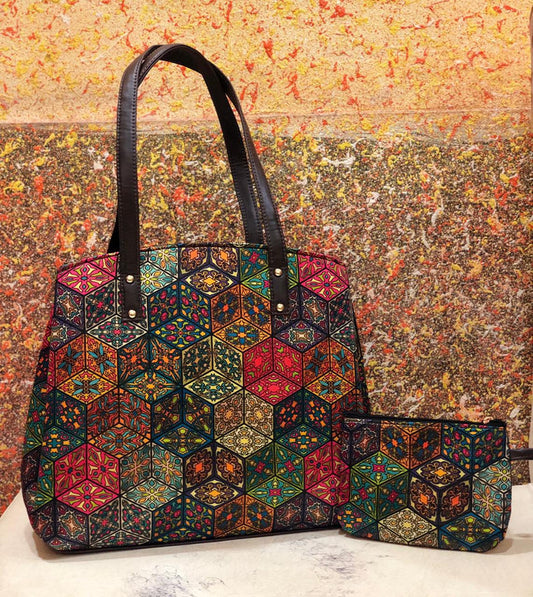 Multi Coloured Beautiful Ikkat Printed Triple Partition Hand Bag & Kit Pouch 2Pcs Combo( 2 Bags)!!