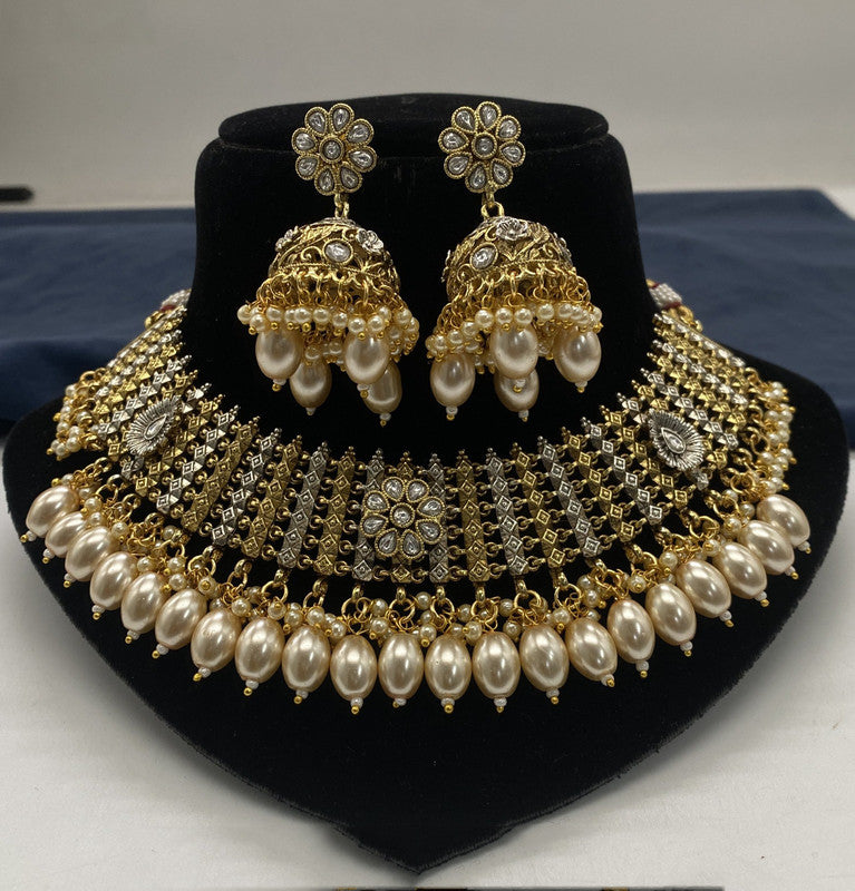 Beautiful White & Gold Coloured Premium Quality Pure Copper Gold & Rajwadi Plating Necklace set with Earrings for Women!!