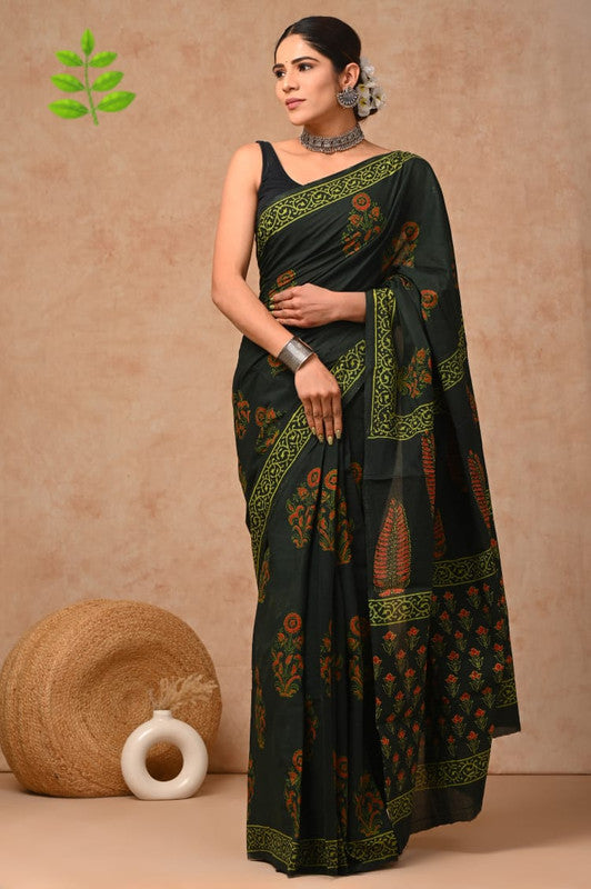 Mehendi Green & Multi Coloured Beautiful Hand Block printed Women Daily/Party wear Pure Cotton Saree with Blouse!!