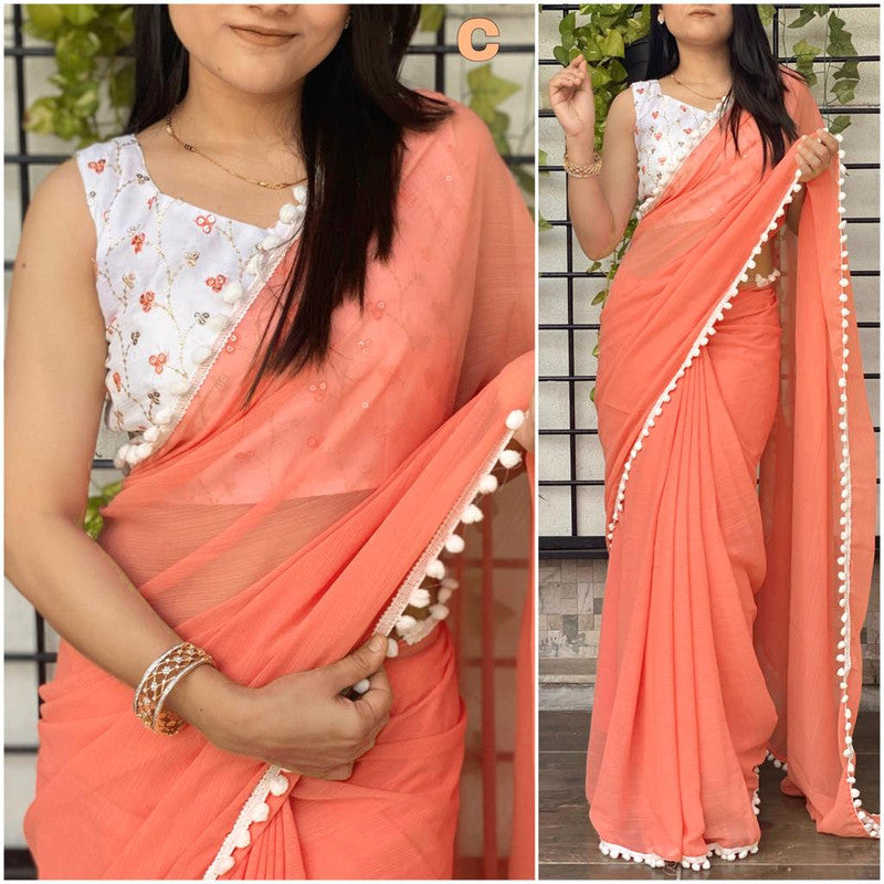 Georgette saree with pompom lace & contrast Sequence work Blouse!!
