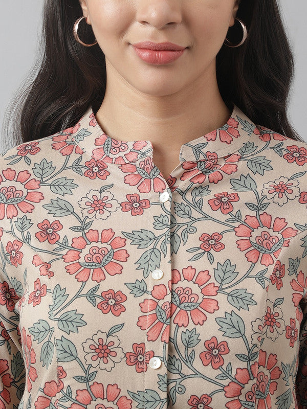 Beige & Pink Coloured Premium Rayon Floral Printed Mandarin Collar Roll-Up Sleeves Women Party/Daily wear Western A-line Shirt Style Top!!