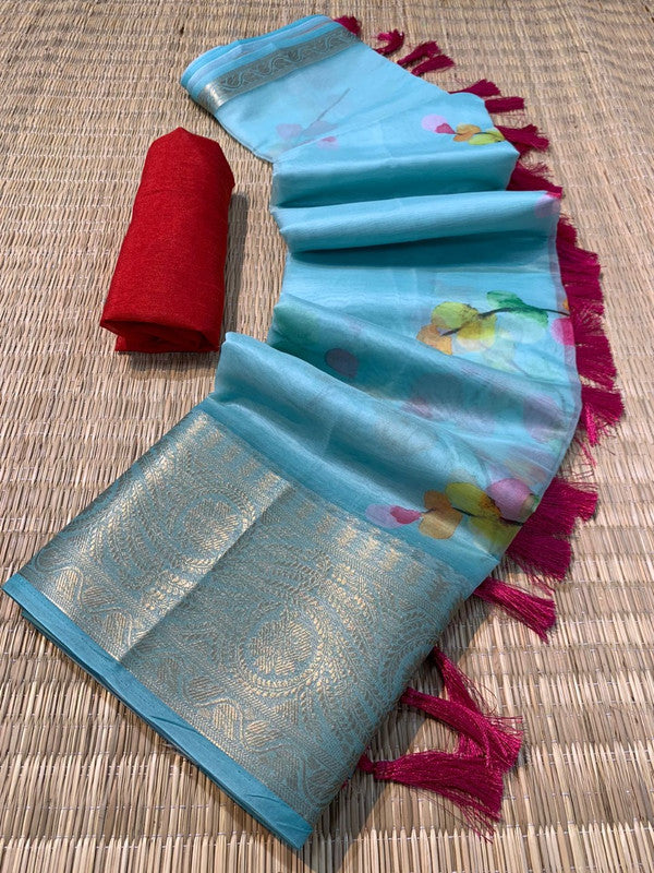 Blue & Multi Coloured Pure Organza Silk with Pichwai print with Sequence Chitt Pallu with 5 inch Gold Weaved Border Women Party wear Silk Saree with Blouse!!