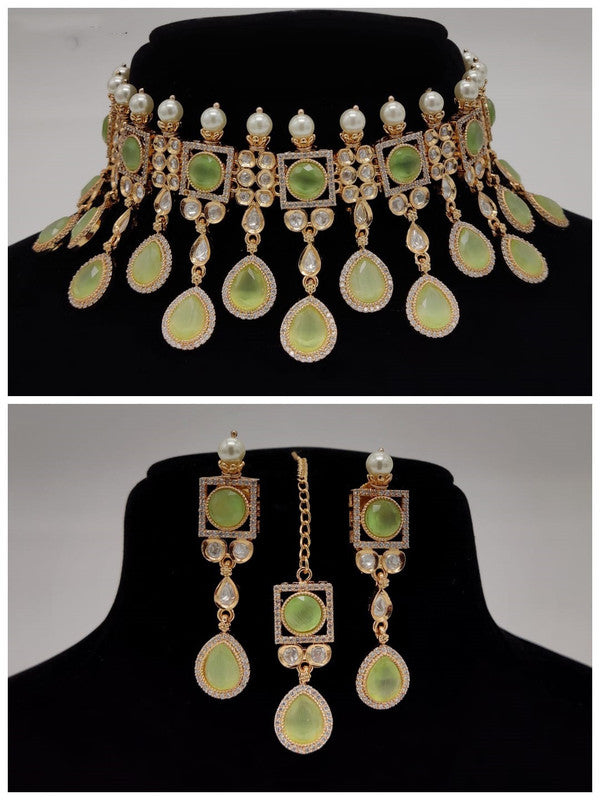 Premium Quality Pista Green Gold Plating Kundan Jewellery Necklace set with Earrings & Matha Patti!!