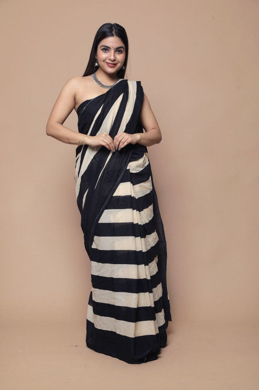 Black & Beige Coloured Exclusive Hand Printed Mul Cotton Saree with Blouse!!