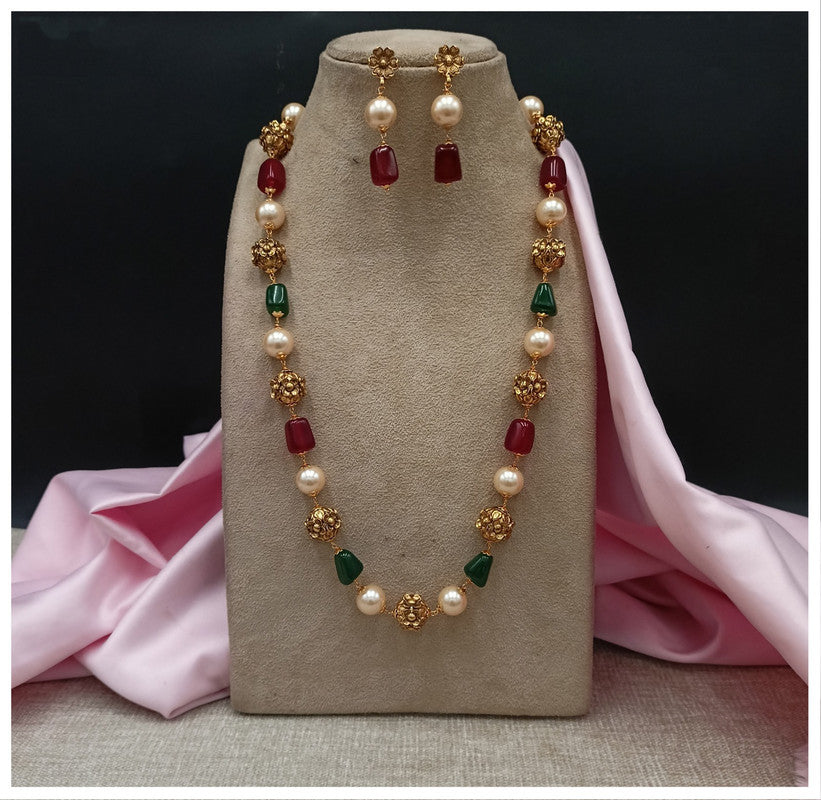 Gold & Multi Coloured Pure Brass Real Kundan Gold Plating with Pearls Women Designer Brass Mala Long set with earrings!!