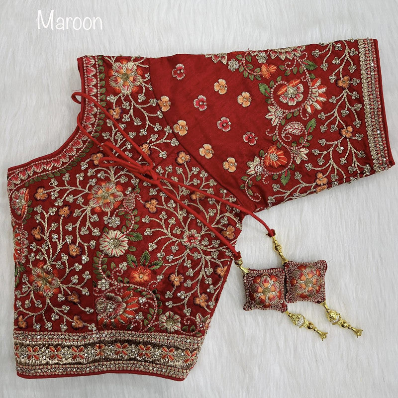 Maroon Pure Silk Heavy Embroidery + Real Zarkan Diamond Work Wedding Readymade Blouse!!