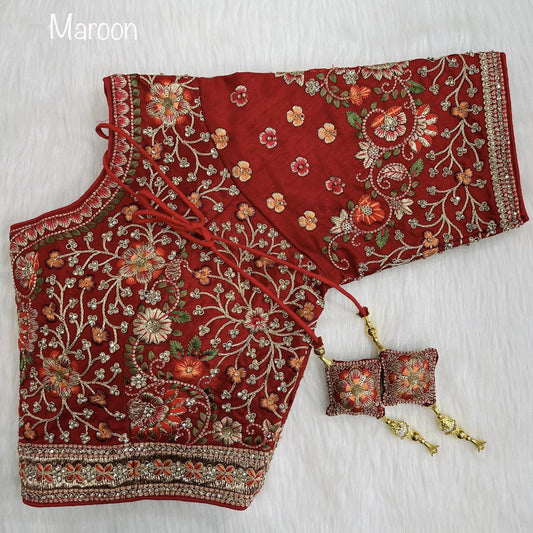 Maroon Pure Silk Heavy Embroidery + Real Zarkan Diamond Work Wedding Readymade Blouse!!