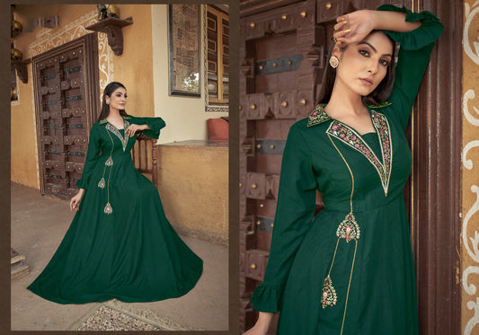 Green Coloured Heavy Maslin with Heavy Embroidery work Women Designer Ethnic Party wear Gown!!